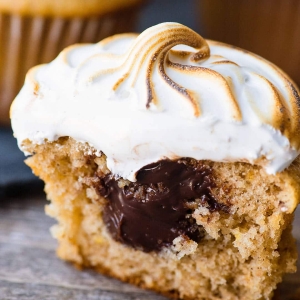 S'mores Cupcakes - Marshmallow topped ganache filled graham cracker cupcakes