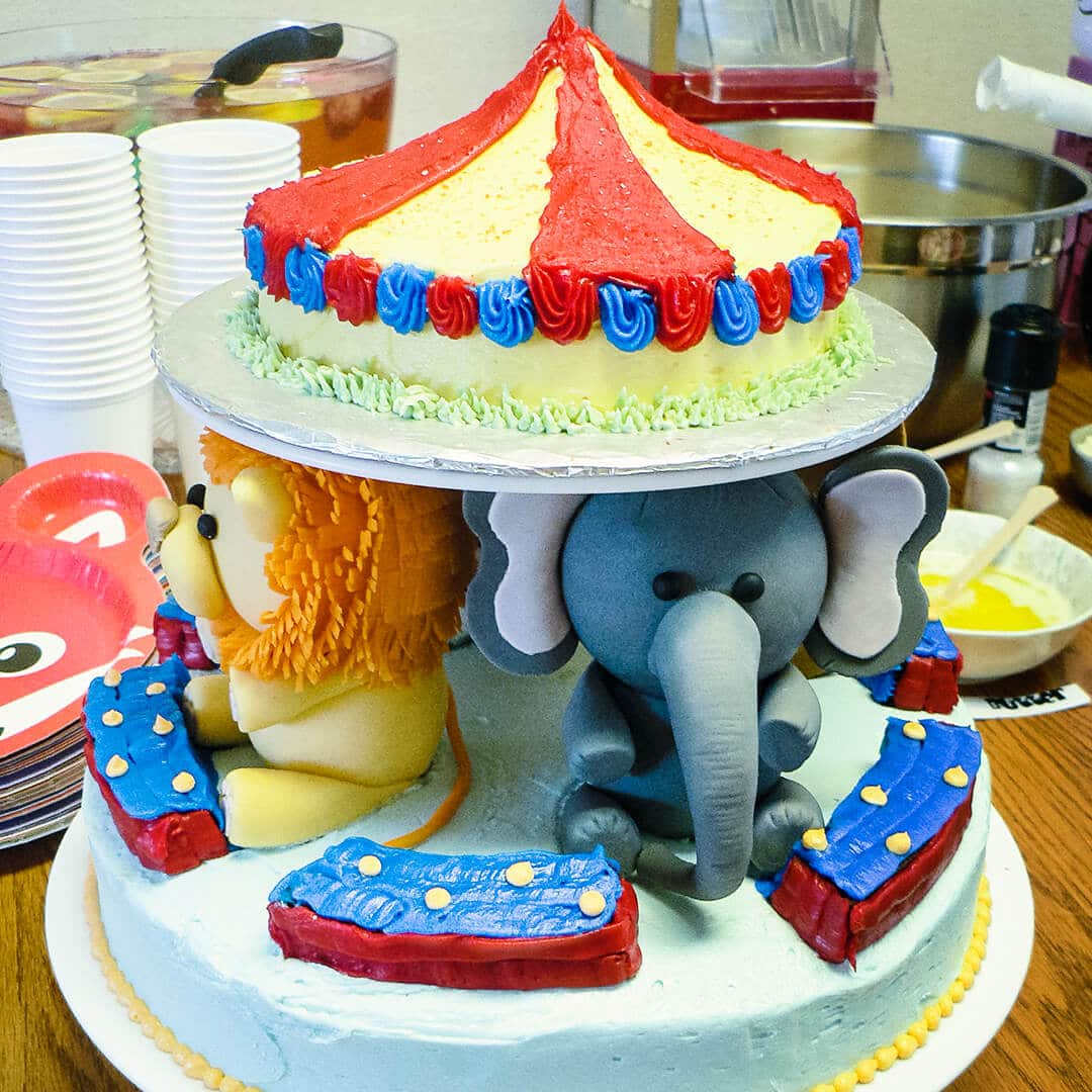 circus tent baby shower cake