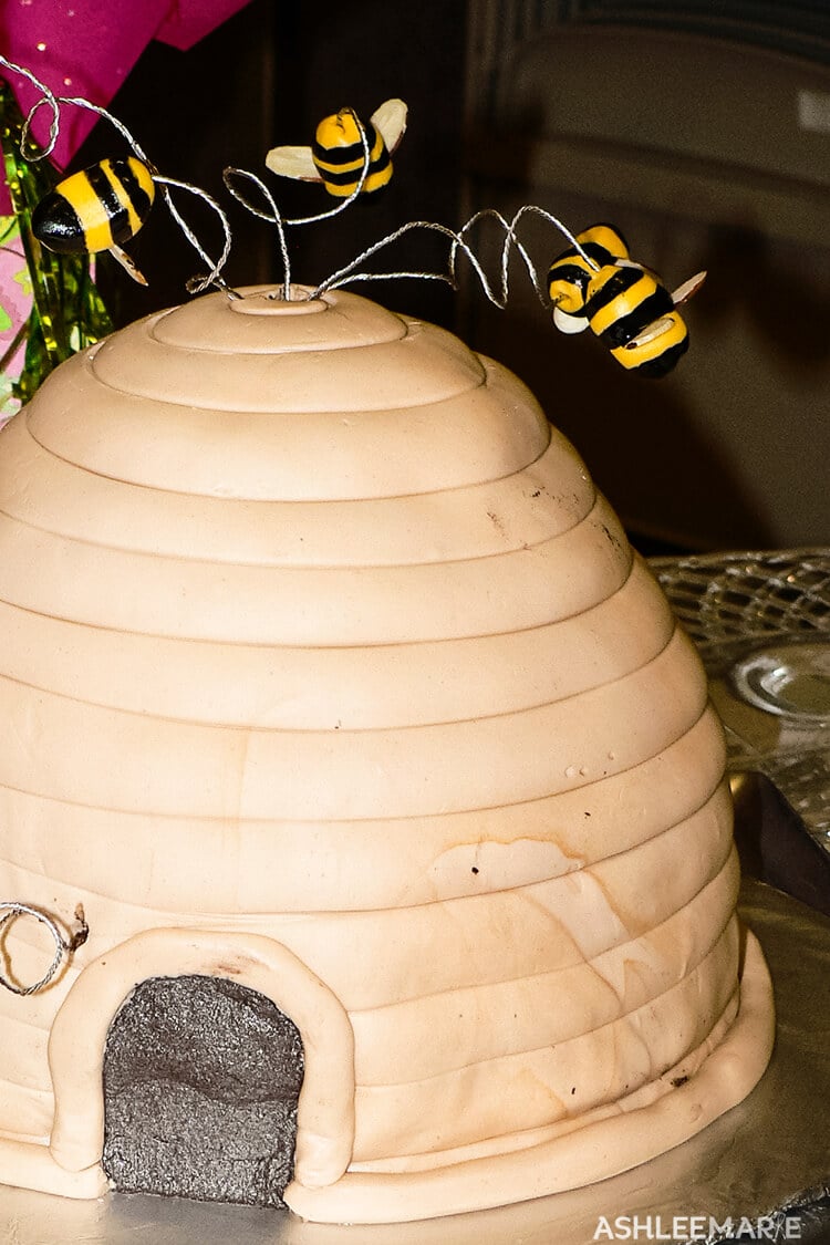 fondant beehive cake with fondant bees