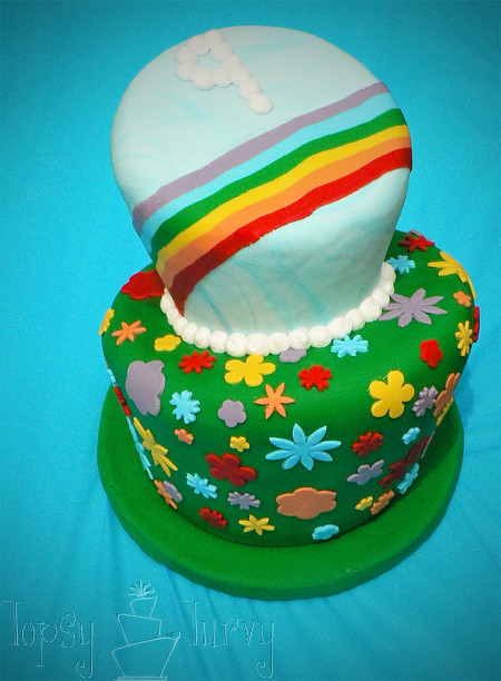 rainbow garden birthday party cake topsy turvy top view