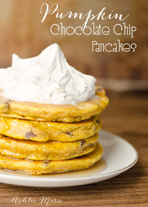 one of our all time favorite foods is pancakes, and in the fall we love pumpkin chocolate chip pancakes