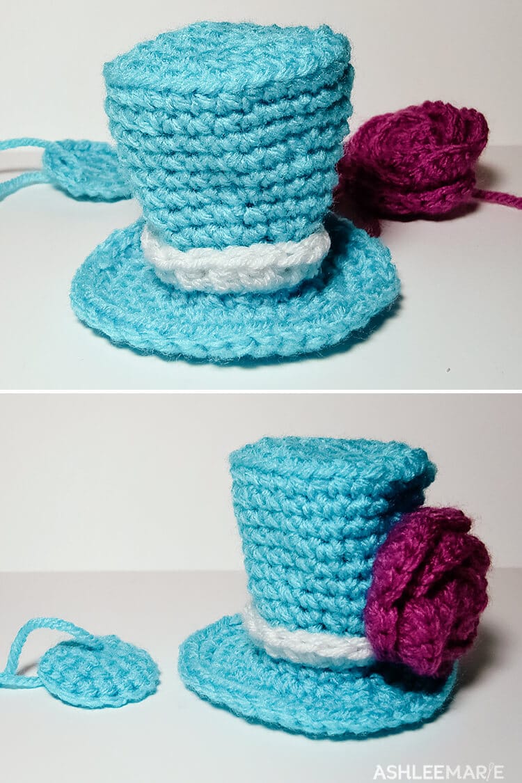 sewing flower onto crochet top hat
