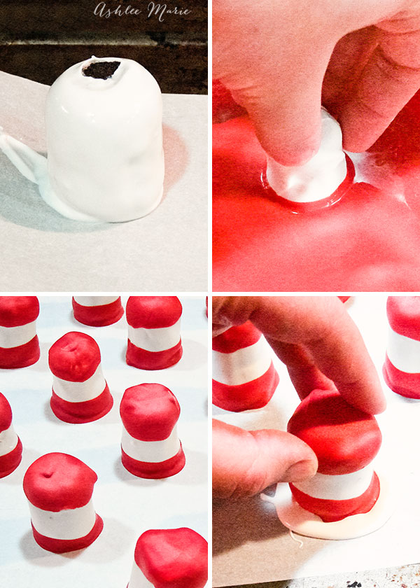 create the red stripes by dipping both ends of the white chocolate cylinder into red chocolate