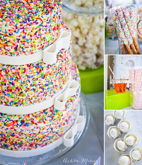 This sprinkles cake set the stage for this cake mix and sprinkles birthday party