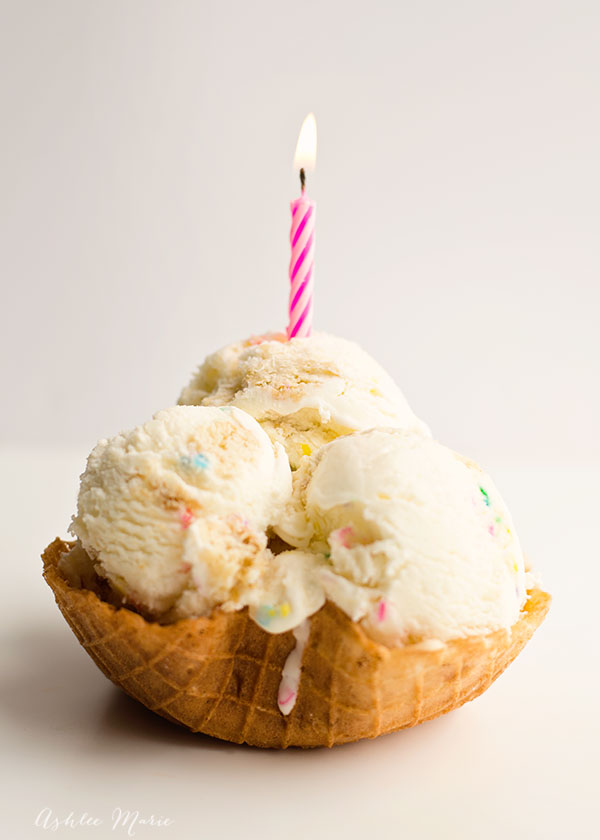 birthday cake ice cream is made with dry cake mix, sprinkles and chunks of white cake