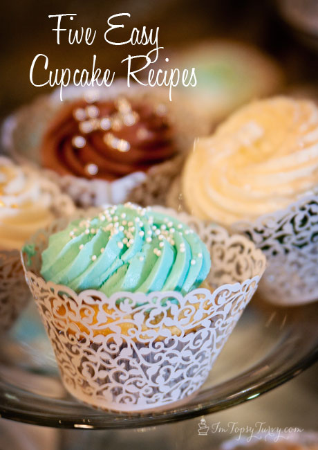 five easy cupcake recipes, made from doctored cake mix - red velvet, lemon, vanilla, chocolate and strawberry