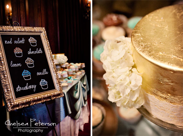 gold-leaf-cake-wedding-cupcakes-metallic-turquoise-menu