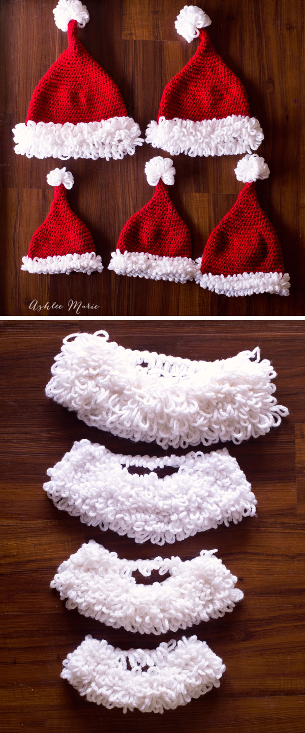 5 sizes of santa beanies, and 4 sizes of beards, use these free crochet patterns to mix and match to make the perfect fit