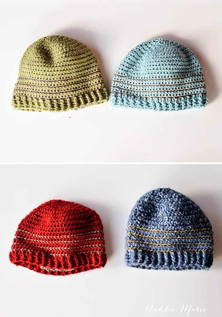 free pattern, multiple sizes striped crochet beanie