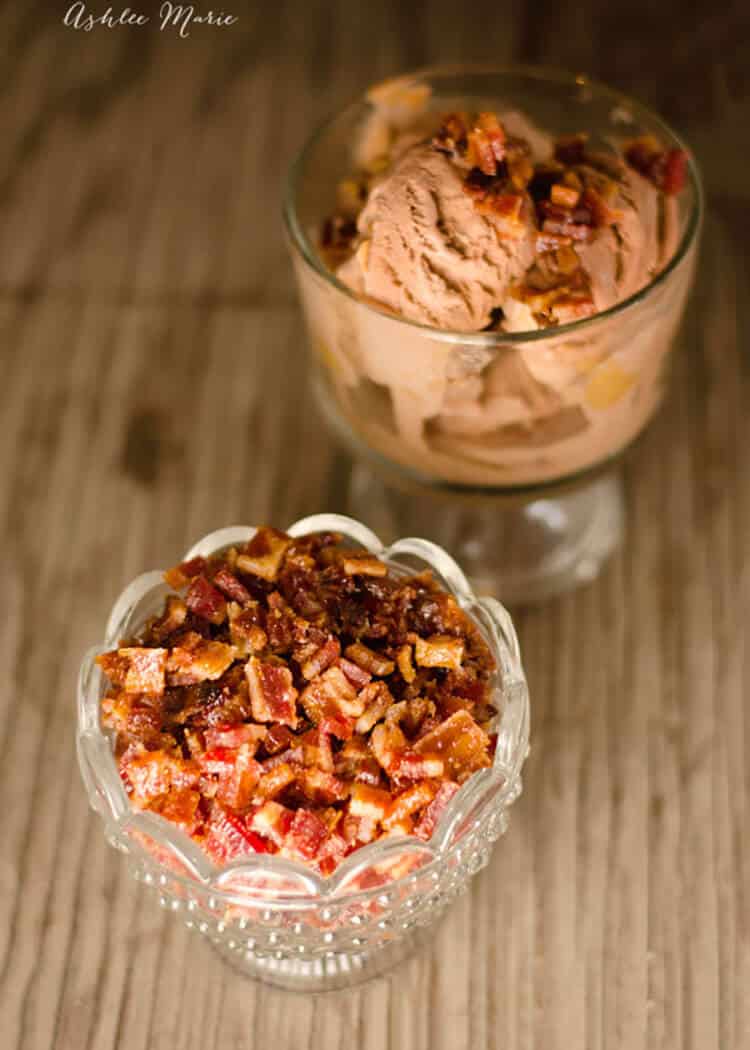 chopped up candied bacon on chocolate ice cream
