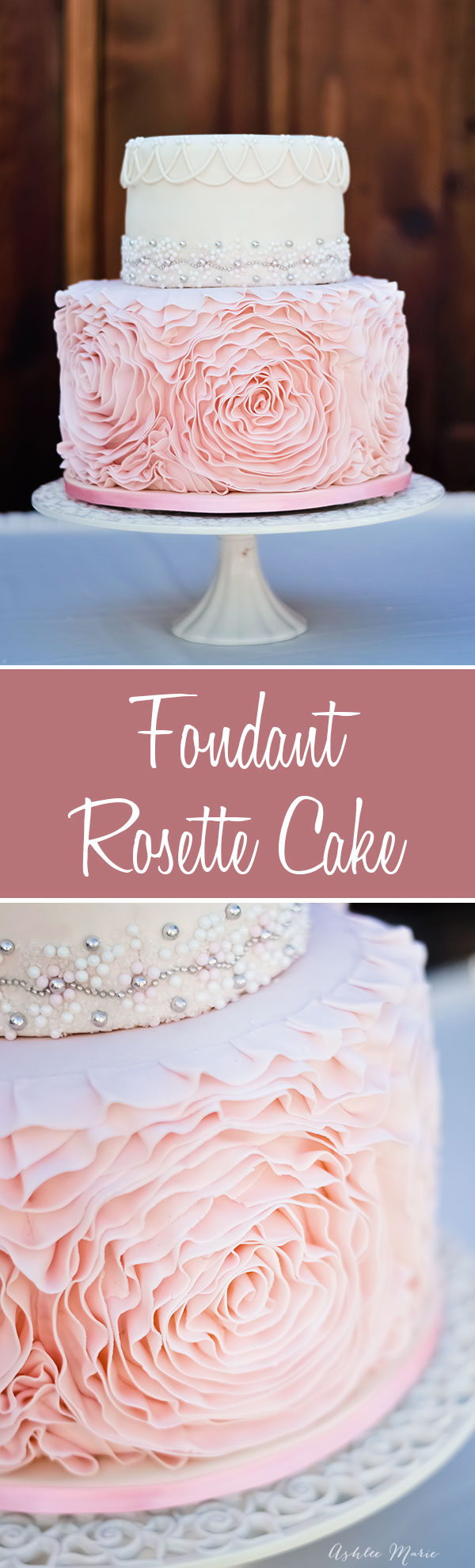a small wedding cake, the bottom tier is covered in rounds of thin gumpaste ruffles in the shape of a rosette, the top tier is decorated to look like the jeweled belt of the brides dress