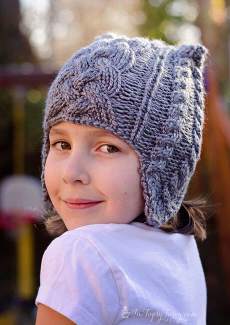 Cable Knit Beanie pattern with earflaps- child