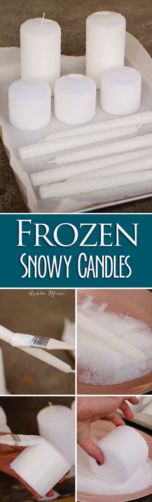 Its easy to use mod podge and epson salt to create a snowy look on your candles or other decorations