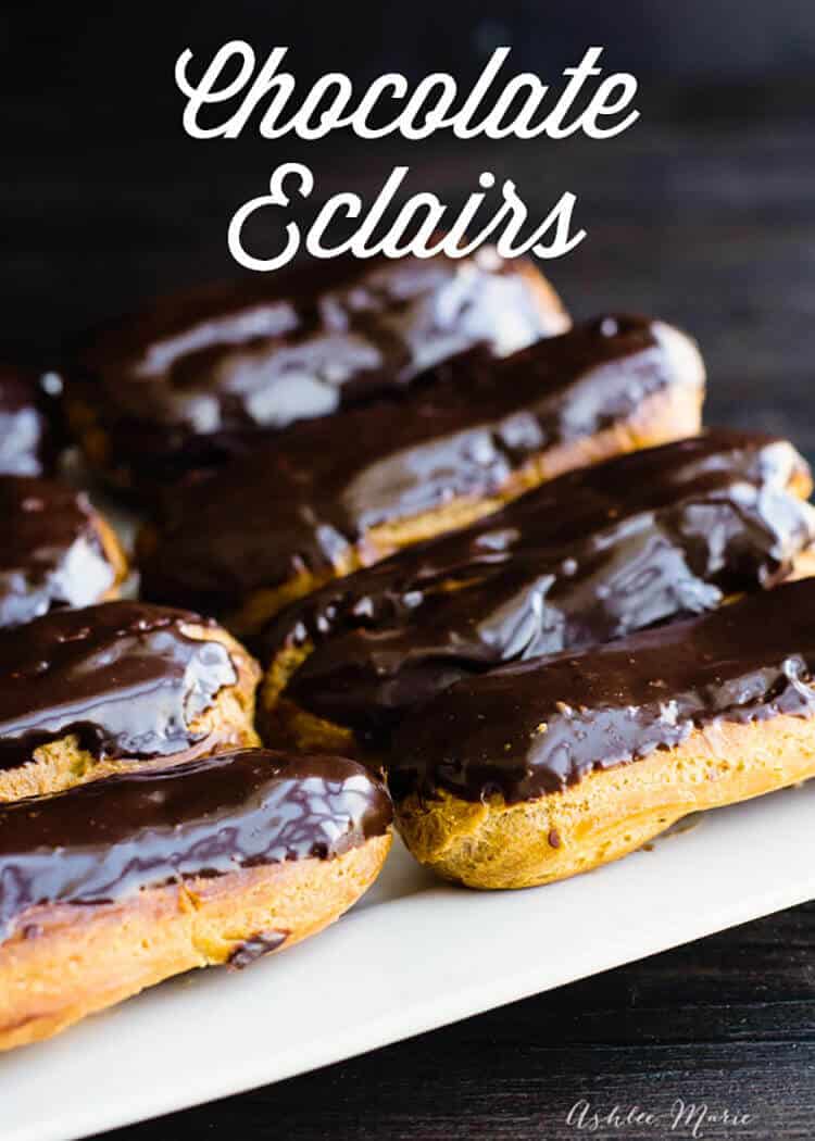 eclairs are easy to make and taste amazing, these are always a huge hit and never last long - recipes and video tutorial for the dough, pastry cream center and ganache glaze