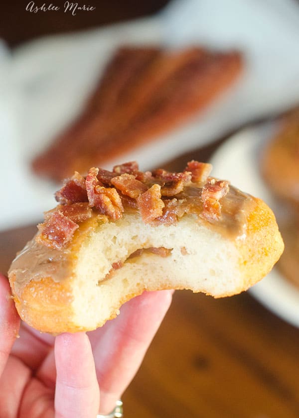 I love biting into filled donuts and having a sweet treat like chopped candied bacon, topped with maple glaze and more chopped candied bacon