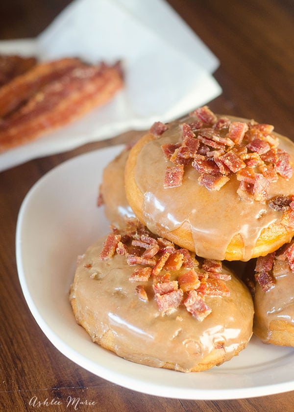 maple glazed donuts filled and topped with chopped candied bacon
