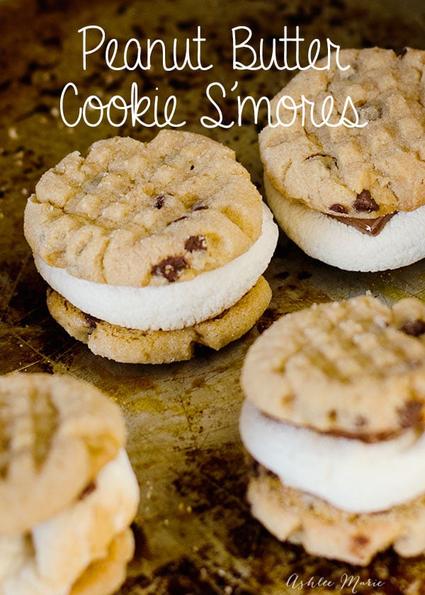 chocolate chip peanut butter cookies are used to hold these roasted marshmallows together to create an epic S'more