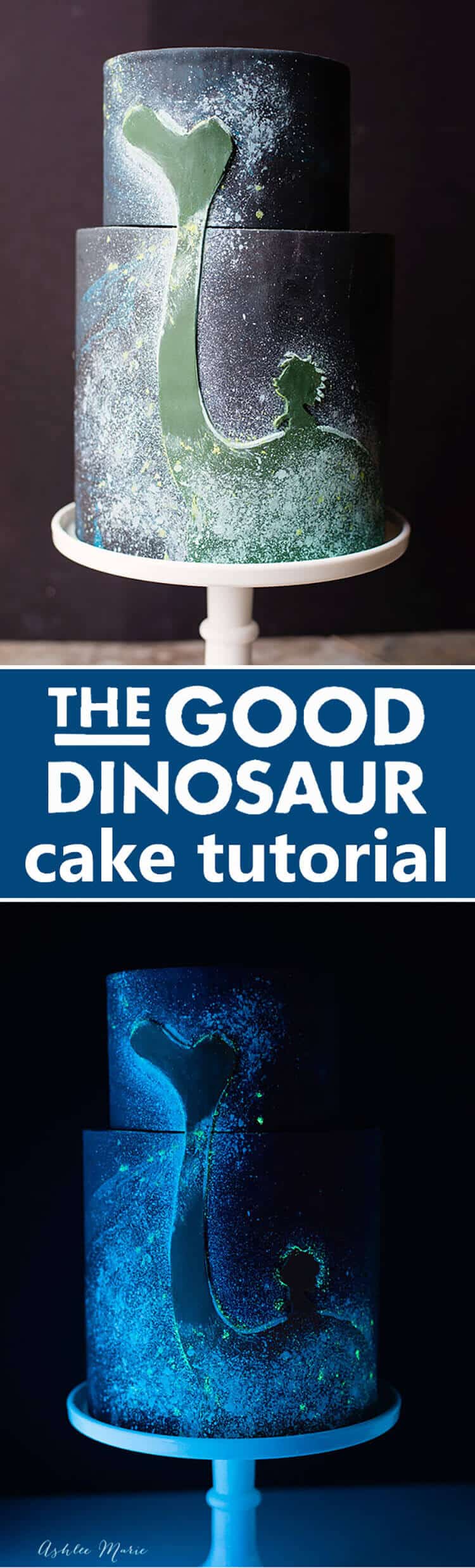 full video tutorial for making this glow in the dark cake for Disney's The Good Dinosaur and Fandango family