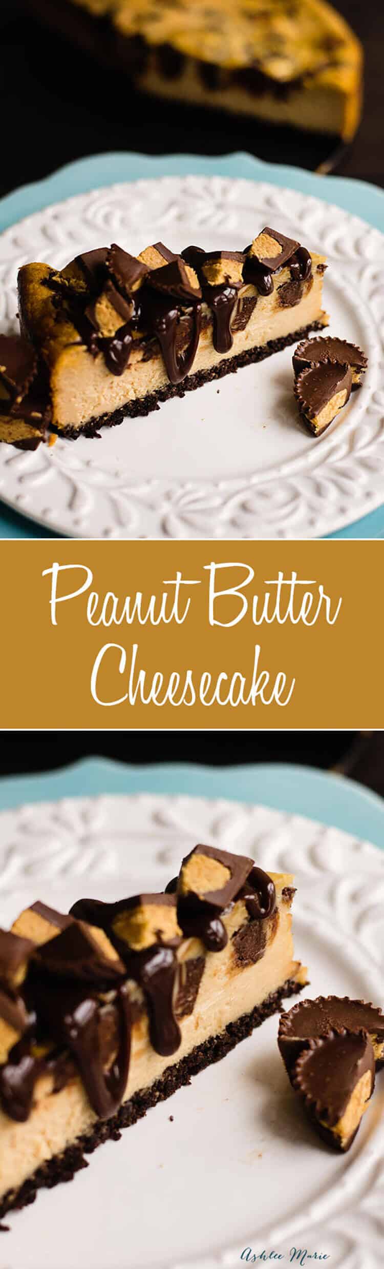 this peanut butter flavored cheesecake has a chocolate crust, with chunks of peanut butter cups and topped with hot fudge