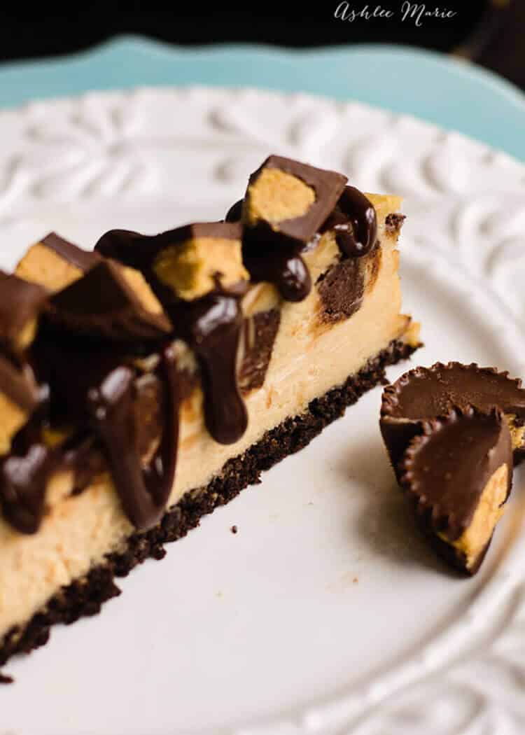 this peanut butter flavored cheesecake with a chocolate crust is amazing, adding chunks of peanut butter cups and top with hot fudge and you have an amazing rich dessert