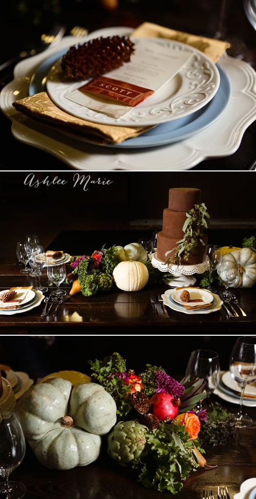 mixing different place settings creates more textures and color on your table, using fall foods in the centerpiece creates a great statement piece