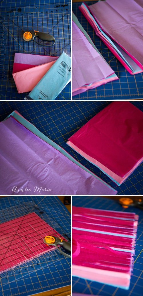 cutting strips into your tissue paper for creating tissue tassels