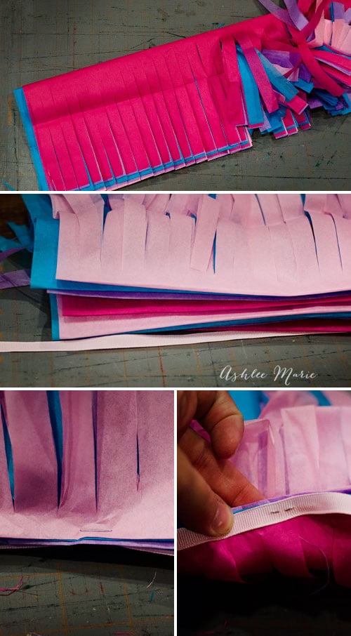 rather than making a ton of individual tassels make long strips and staple!
