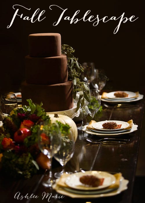 a beautiful fall table, that can be used for thanksgiving or any fall dinner. Using edible fall foods in the centerpieces