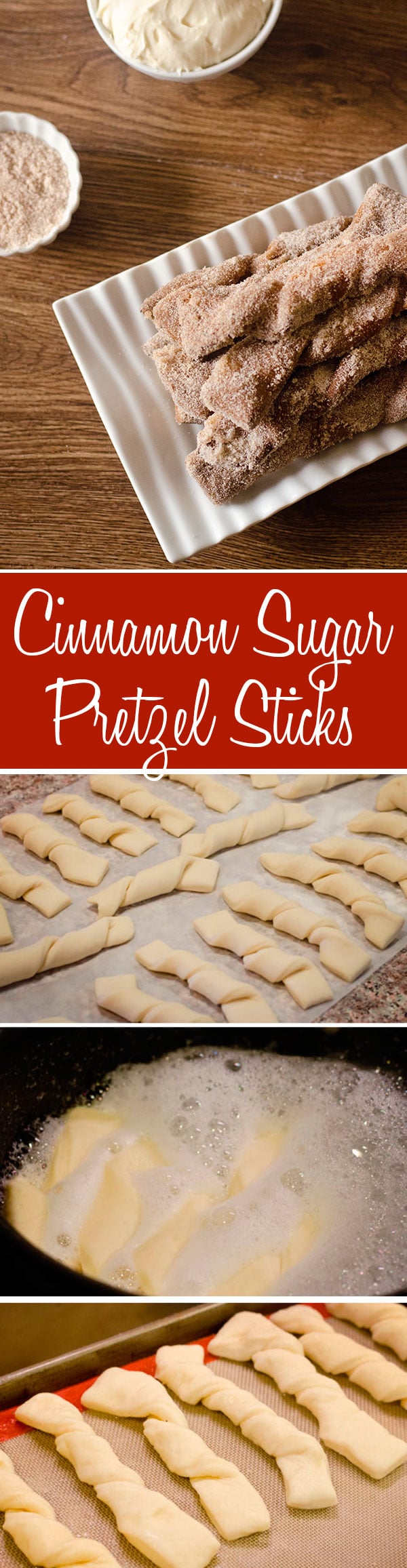 making soft pretzel sticks are easy and delicious, especially covered with cinnamon and sugar and dipped in cream cheese frosting