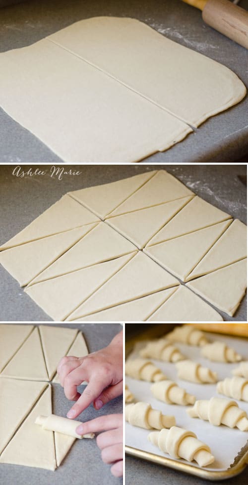 cutting large triangles and rolling them up is what creates the classic croissant shape