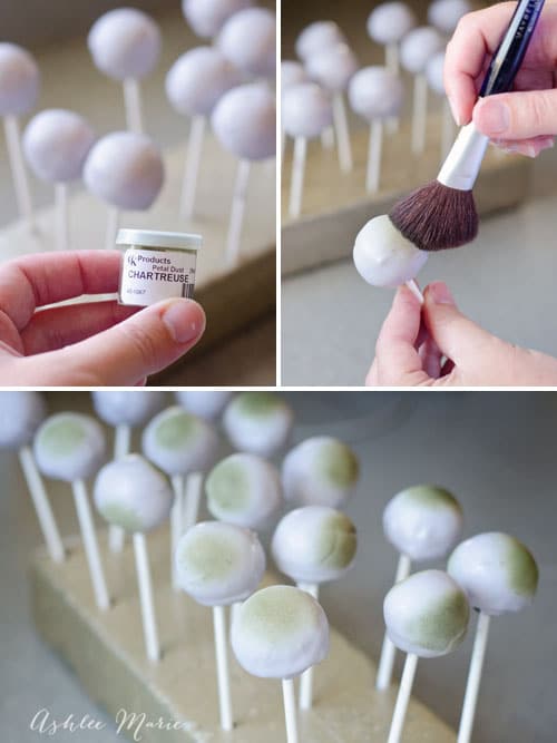add chartreuse luster dust to the grey pops to make it look like moss on the pops to look just like Frozen Rock Trolls