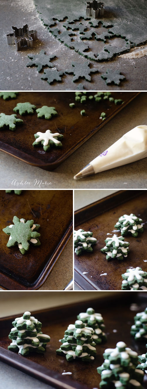making green sugar cookie dough is the perfect base for these cookie pine trees, add some peppermint icing and you have snow covered pine trees