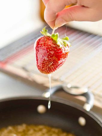 I love these candied strawberries, like a candied apple, a glorious crunch with a ripe strawberry center!