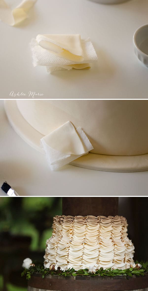 folding and layering these gumpaste circles creates and amazing effect on this wedding cake