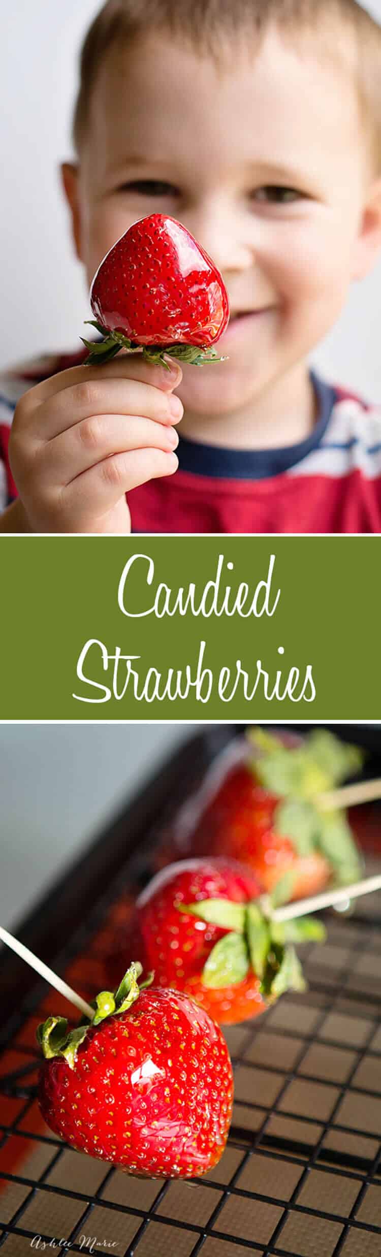 I love these candied strawberries, like a candied apple, a glorious crunch with a ripe strawberry center, these are a huge hit at our house