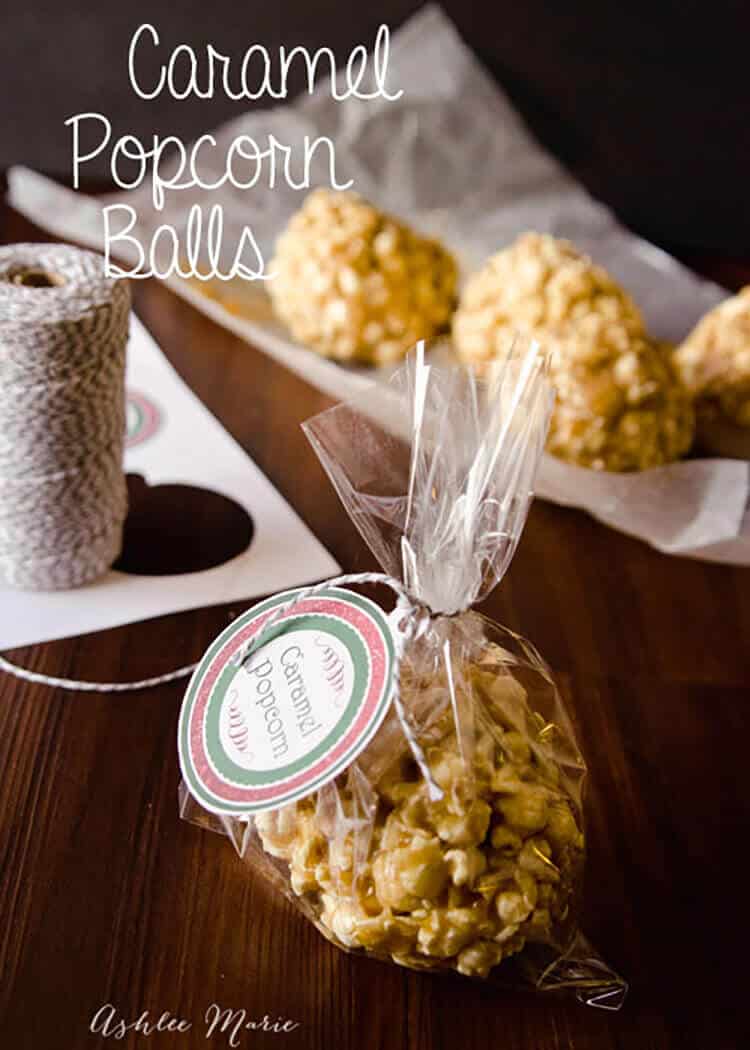 caramel popcorn balls make great gifts for your family, friends and neighbors, printables included