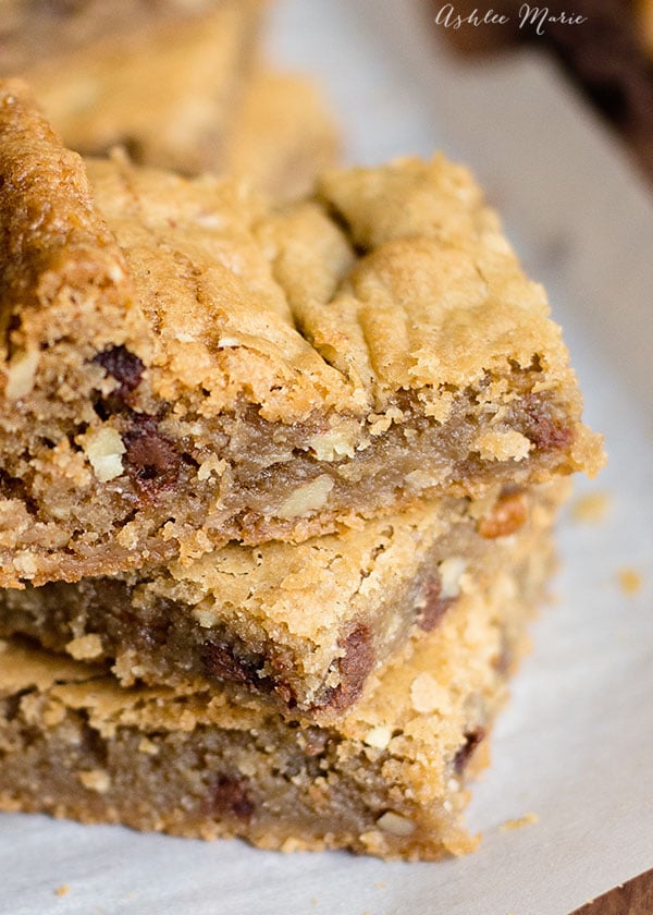 mini chocolate chips and chopped pecans taste amazing in these blondies