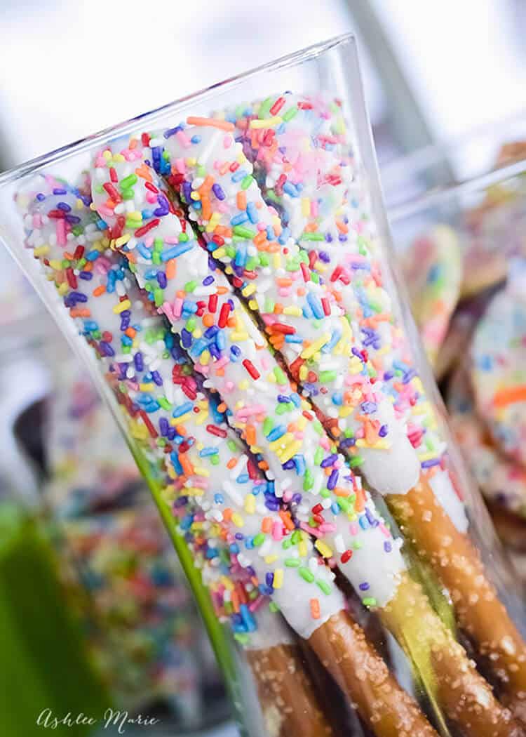 cake mix and sprinkles chocolate dipped pretzel rods