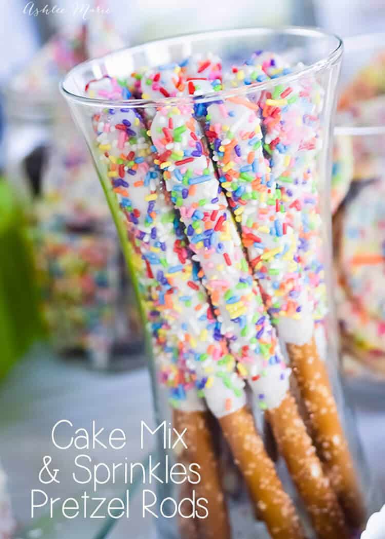 cake mix and sprinkles pretzel rods are SO easy to make and all the kids love them