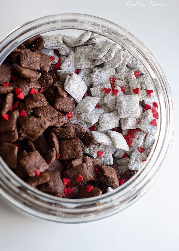 black and white puppy chow with small touches of red in honor of disneys cruella deville