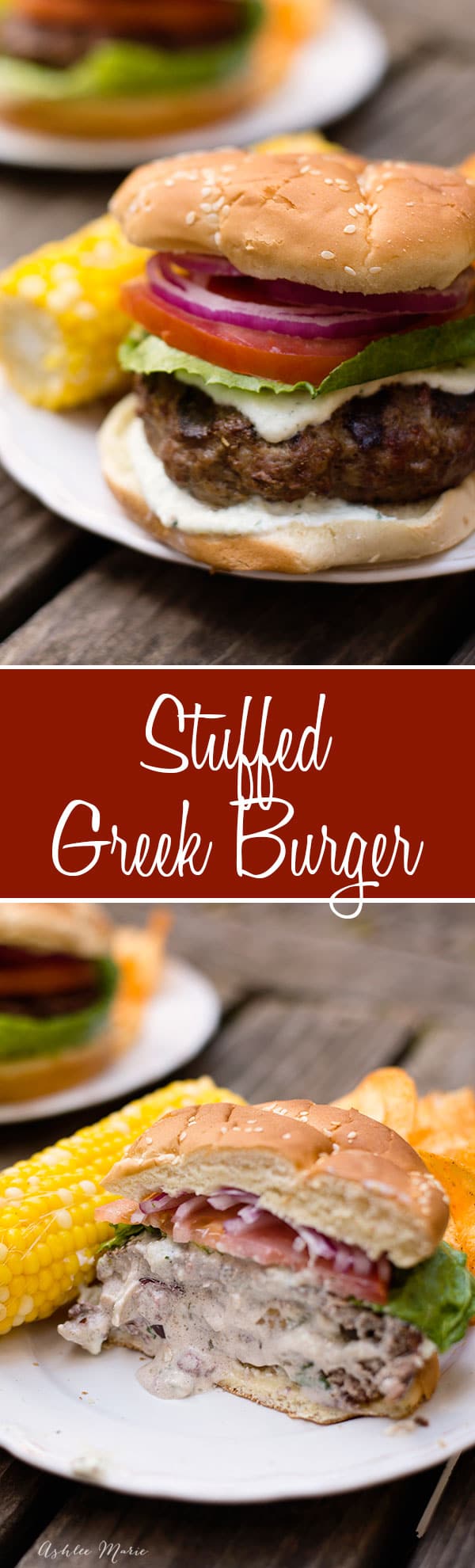 this stuffed greek burger is made with lamb, beef and pork and filled with goat cheese, feta grilled onions and greek olives. Top with tzatziki sauce, tomatoes and red onions for a great greek flavor.