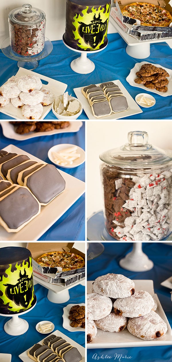 chalkboard cookies with edible chalk, black and white puppy chow, first date jelly donuts and more villian inspired themed party foods for this Disney Descendants viewing party