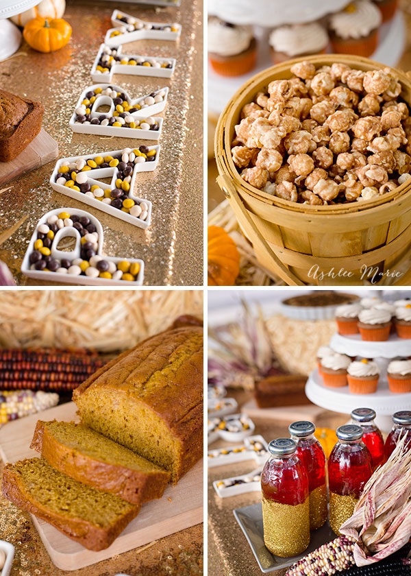 Using cute letter trays filled with M&M's® and adding glitter to Snapple® bottles is a cute way to dress up the table. And for more treats churro popcorn and this easy pumpkin bread create a great party table