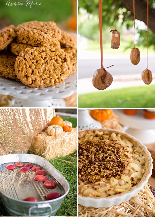 stagger the height of donuts on ribbon for each of your children so they each have a sweet treat and of course bobbing for apples is always a favorite! Add an apple pie tart with a crumble top and pumpkin rice krispies and you have an amazing party