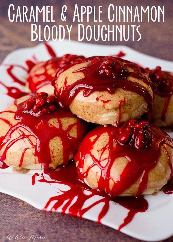 the perfect halloween treat - bloody brain doughnuts. Filled with a cinnamon apple pie mixture, topped with a buttery caramel and a toasted walnut for the brain