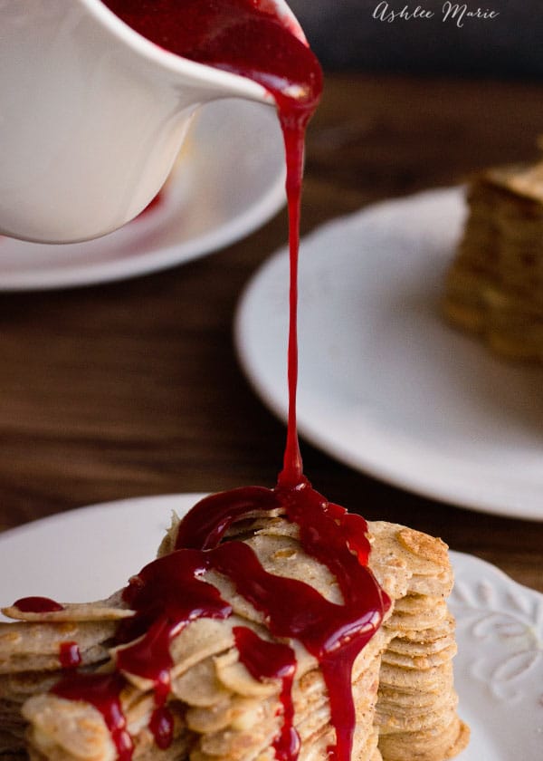 this blood red buttermilk syrup adds the perfect creepy factor to these mummy crepe cakes, full video tutorial