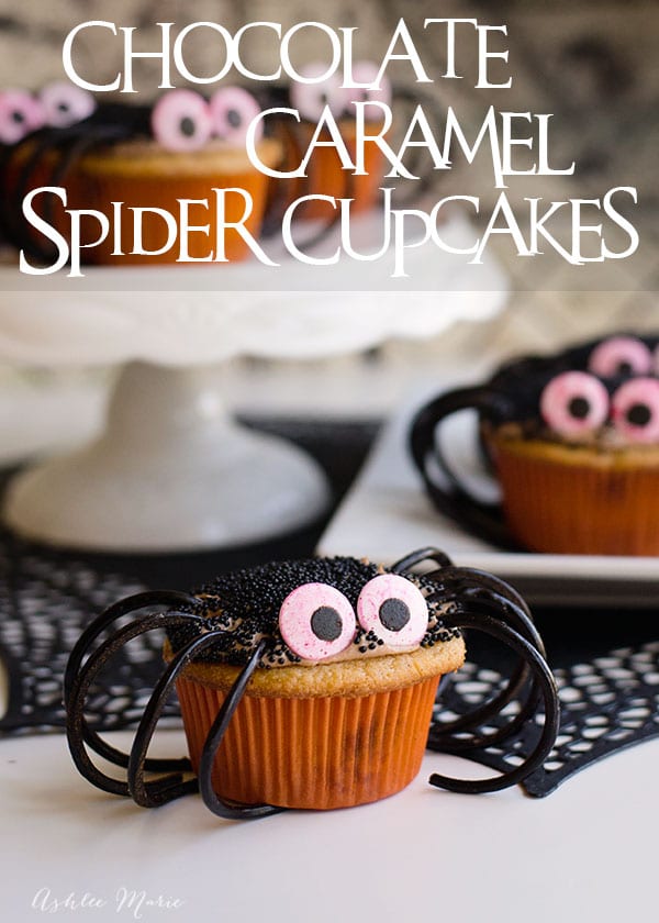 easy spider cupcakes - a caramel cupcake with a chocolate cream cheese frosting filled with chopped snickers bars