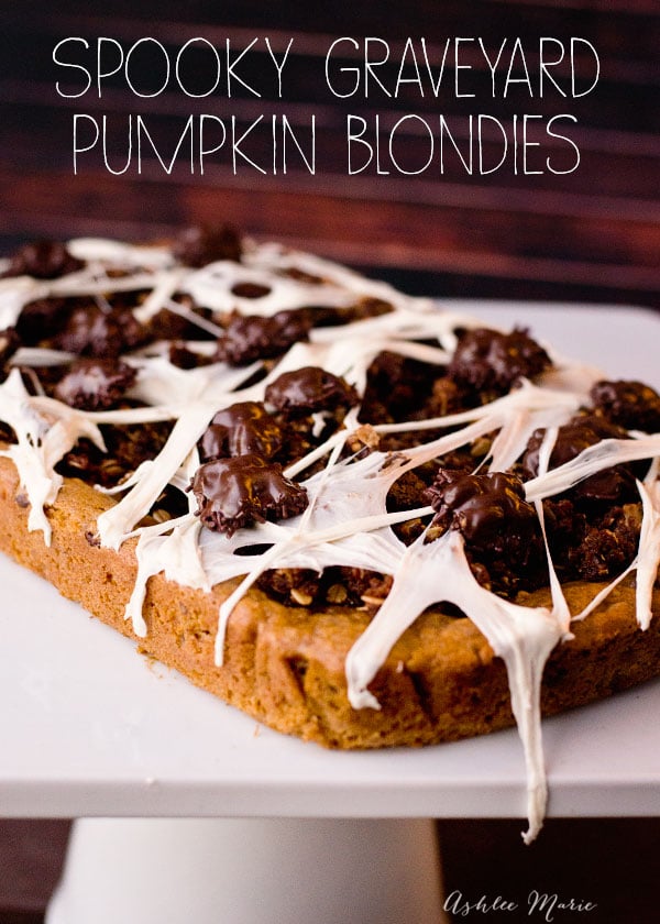a pumpkin blondie with chocolate chips and toasted walnuts is delicious, add a gingersnap crumble, some chocolate covered walnut bugs and some marshmallow spider webs and you have a spooky treat - video tutorial