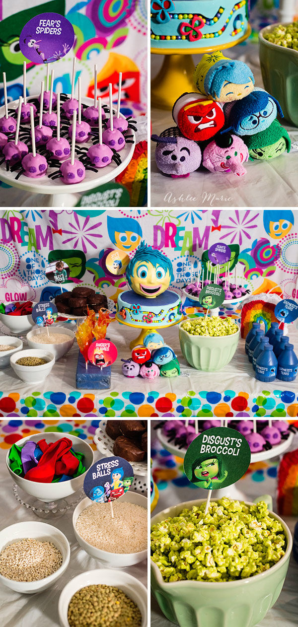 create an inside out party everyone will love, food for each character, activities and toys. like green popcorn for disgust's broccoli, and spider pops for fear