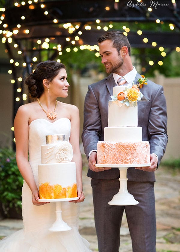 hand painted watercolor and fondant rosettes make beautiful bases for these wedding cakes